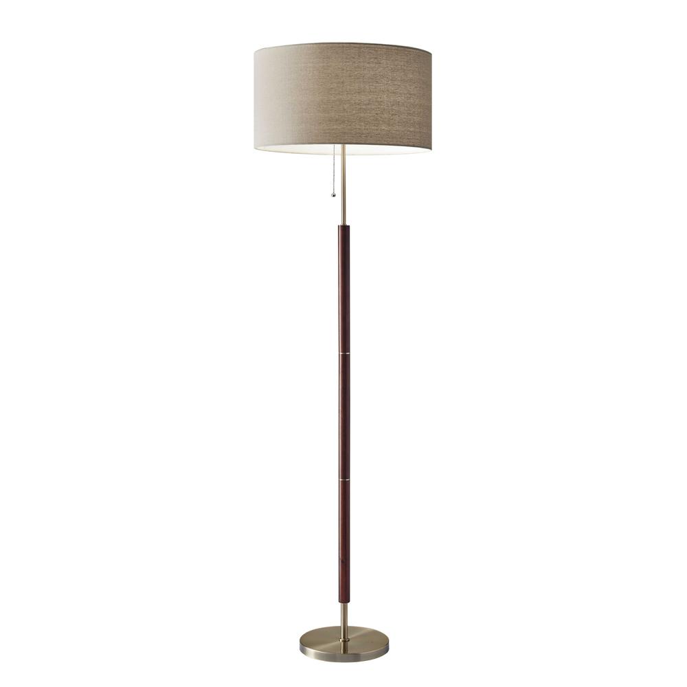 Mid-Century Modern Floor Lamp with Antique Brass and Walnut Wood Accents. Picture 1