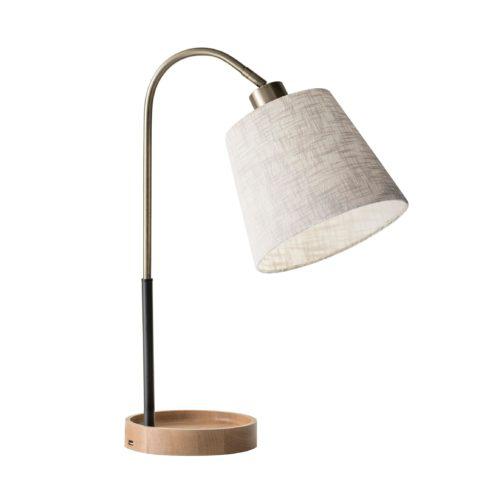 Antique Brass And Black Metal Desk Lamp With USB Charging Station Wood Base - 372573. Picture 1