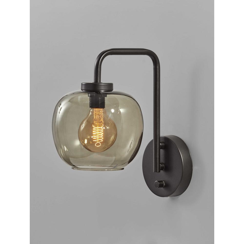Smoked Glass Globe Shade with Vintage Edison Bulb and Matte Black Metal Wall Lamp - 372577. Picture 1