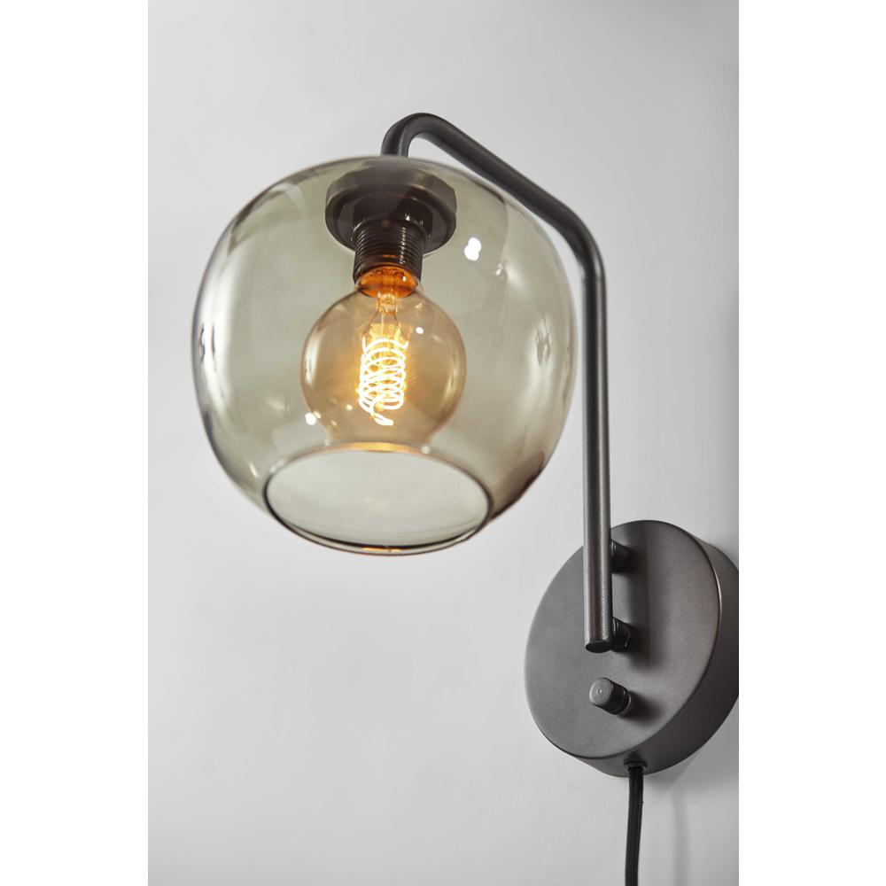 Smoked Glass Globe Shade with Vintage Edison Bulb and Matte Black Metal Wall Lamp - 372577. Picture 2