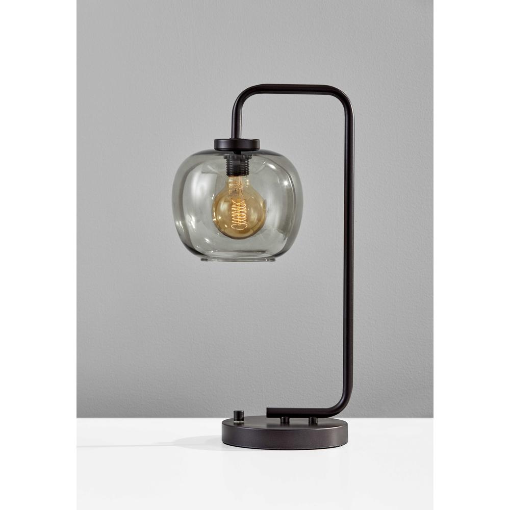 Smoked Glass Globe Shade with Vintage Edison Bulb and Matte Black Metal Arc Table Lamp - 372580. Picture 1