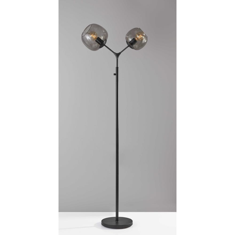 Matte Black Metal Floor Lamp with Two Smoked Glass Globe Shades and Vintage Edison Bulbs. Picture 1