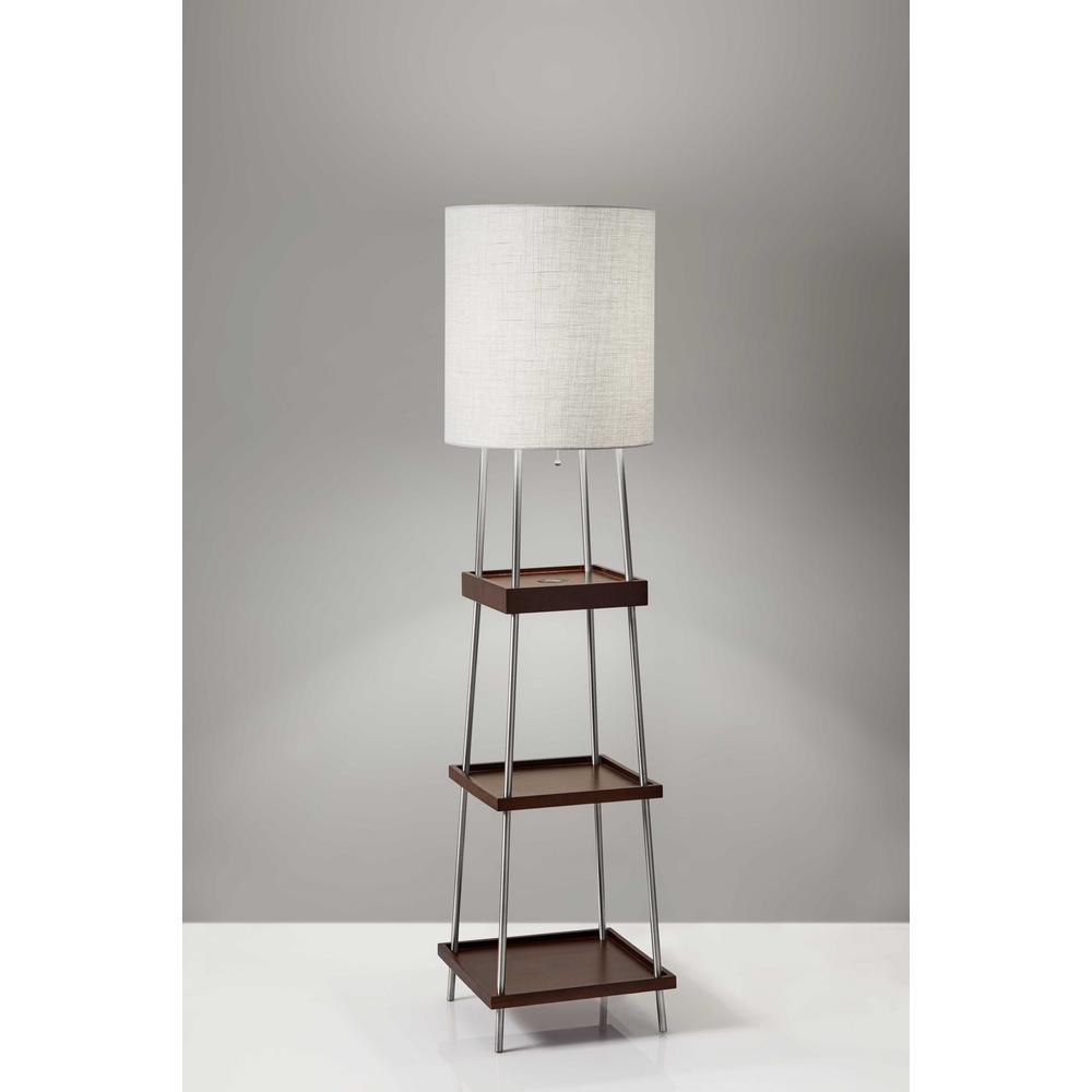 Walnut Wood Metal Shelf Floor Lamp with Charging Station. Picture 1