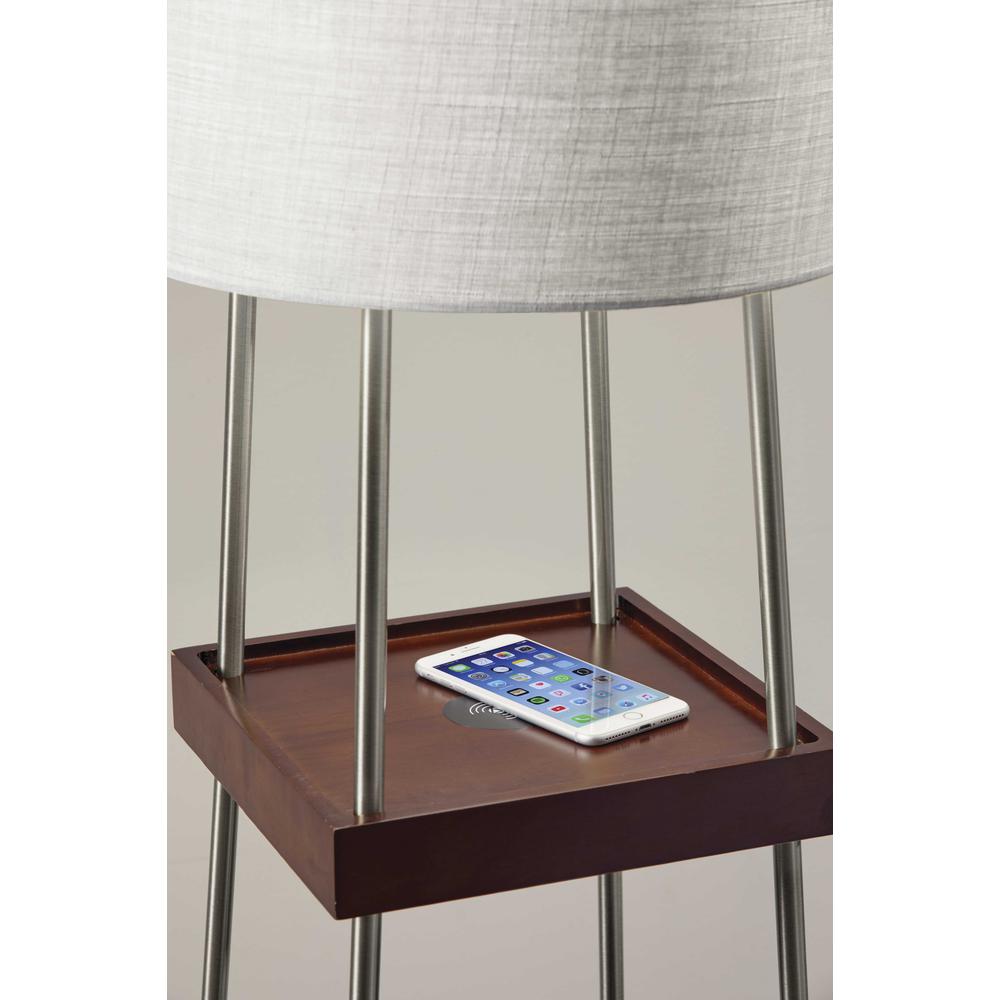 Walnut Wood Metal Shelf Floor Lamp with Charging Station. Picture 2
