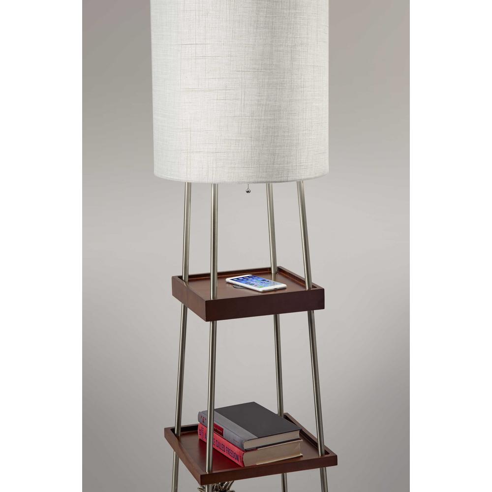 Walnut Wood Metal Shelf Floor Lamp with Charging Station. Picture 3