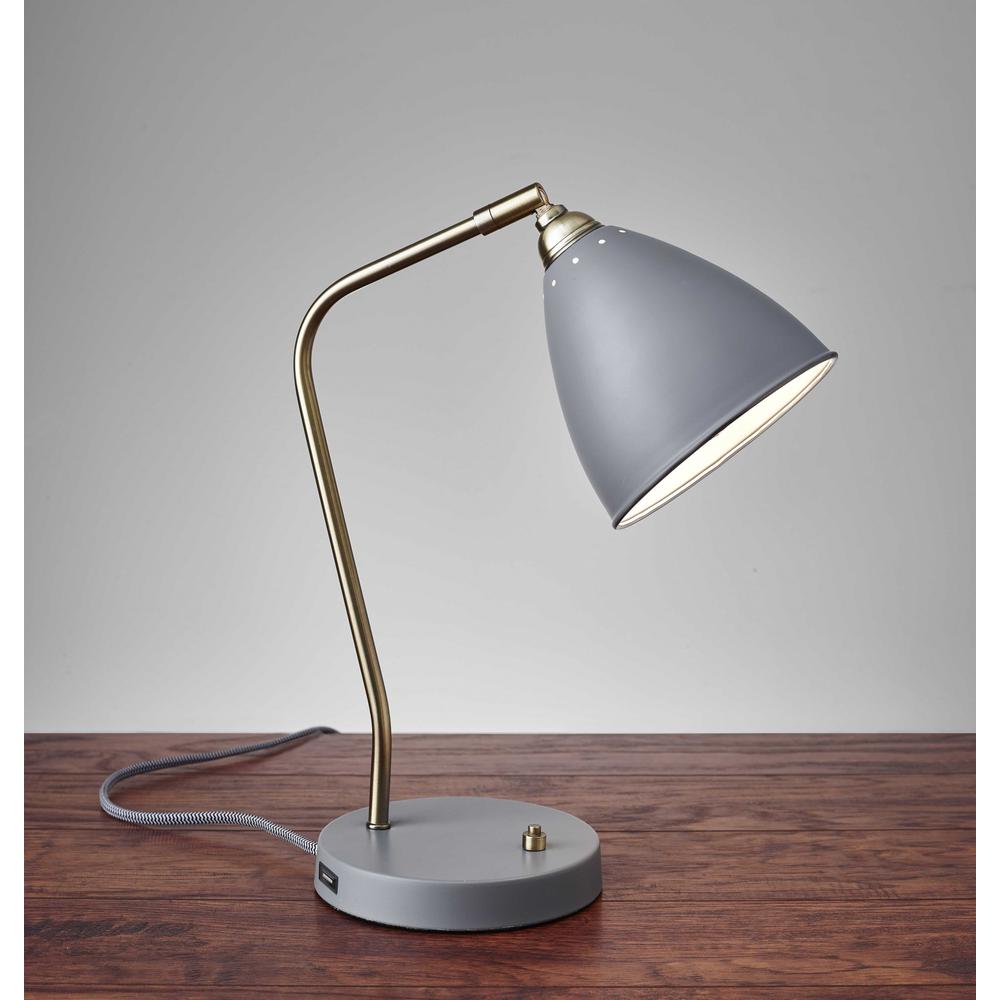 Grey Metal and Antique Brass Adjustable USB Port Desk Lamp - 372589. Picture 1