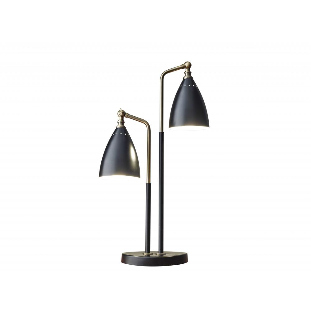 Matte Black Metal and Antique Brass Two Light Adjustable Table Lamp - 372590. Picture 1