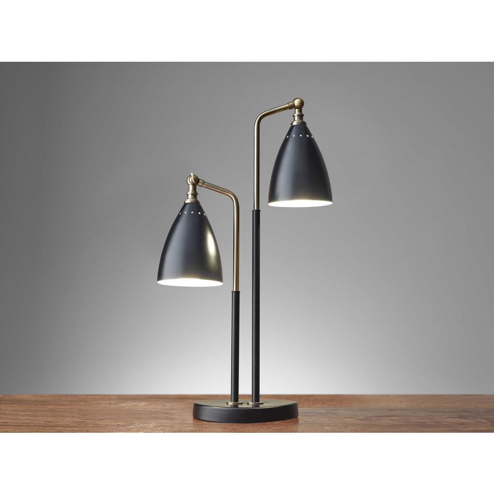 Matte Black Metal and Antique Brass Two Light Adjustable Table Lamp - 372590. Picture 2
