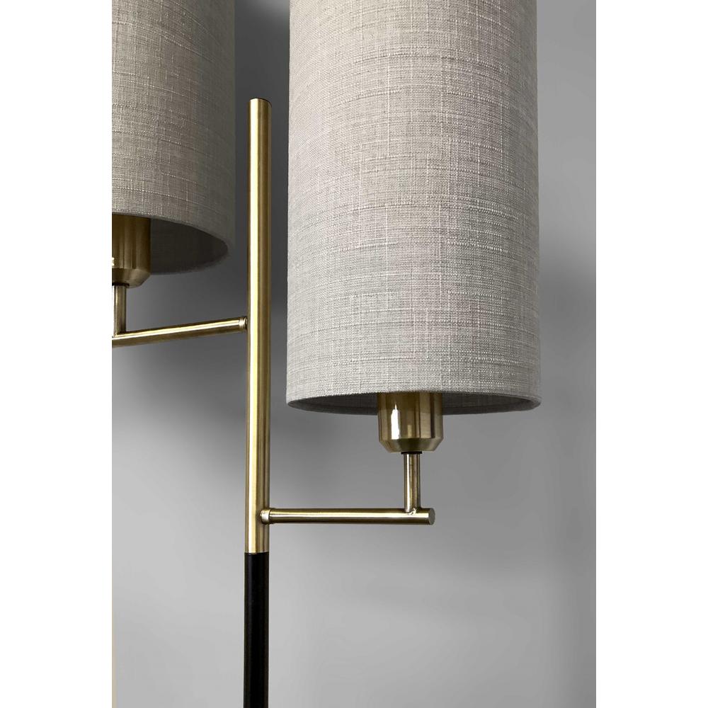 Two Light Floor Lamp Antique Brass Metal Tripod Base with Matte Black Accent and Tall Natural Fabric Shade. Picture 2