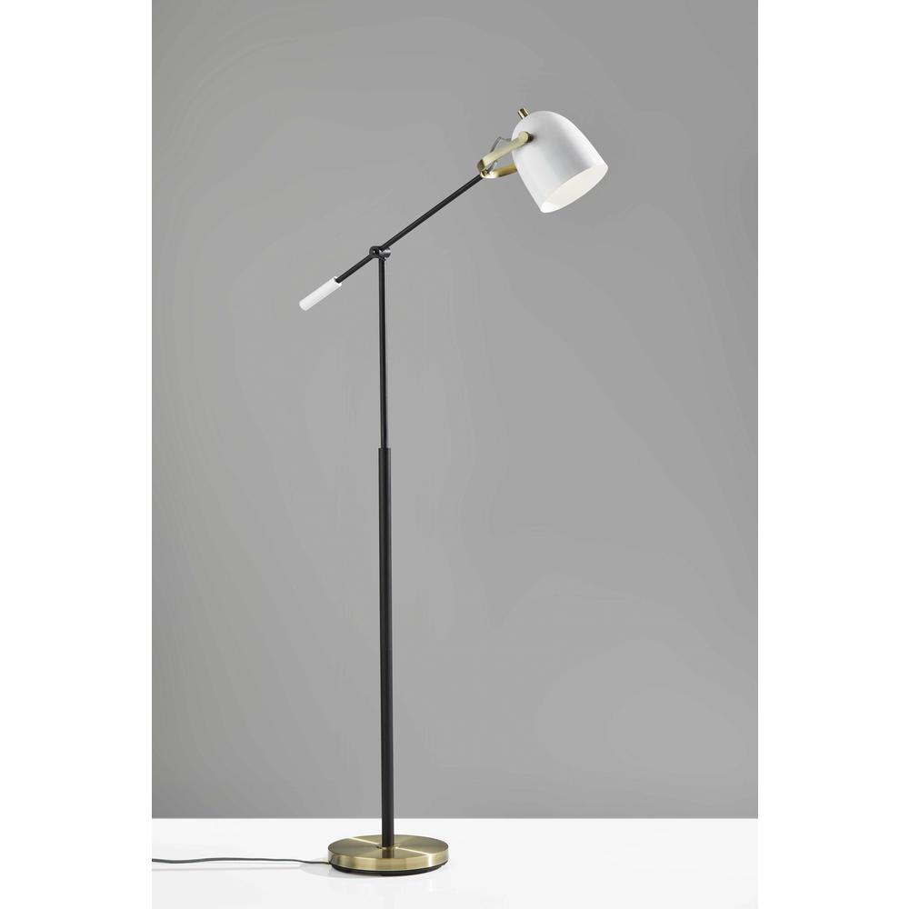 Matte Black and Antique Brass Metal Floor Lamp with Adjustable Arm and White Metal Shade. Picture 1