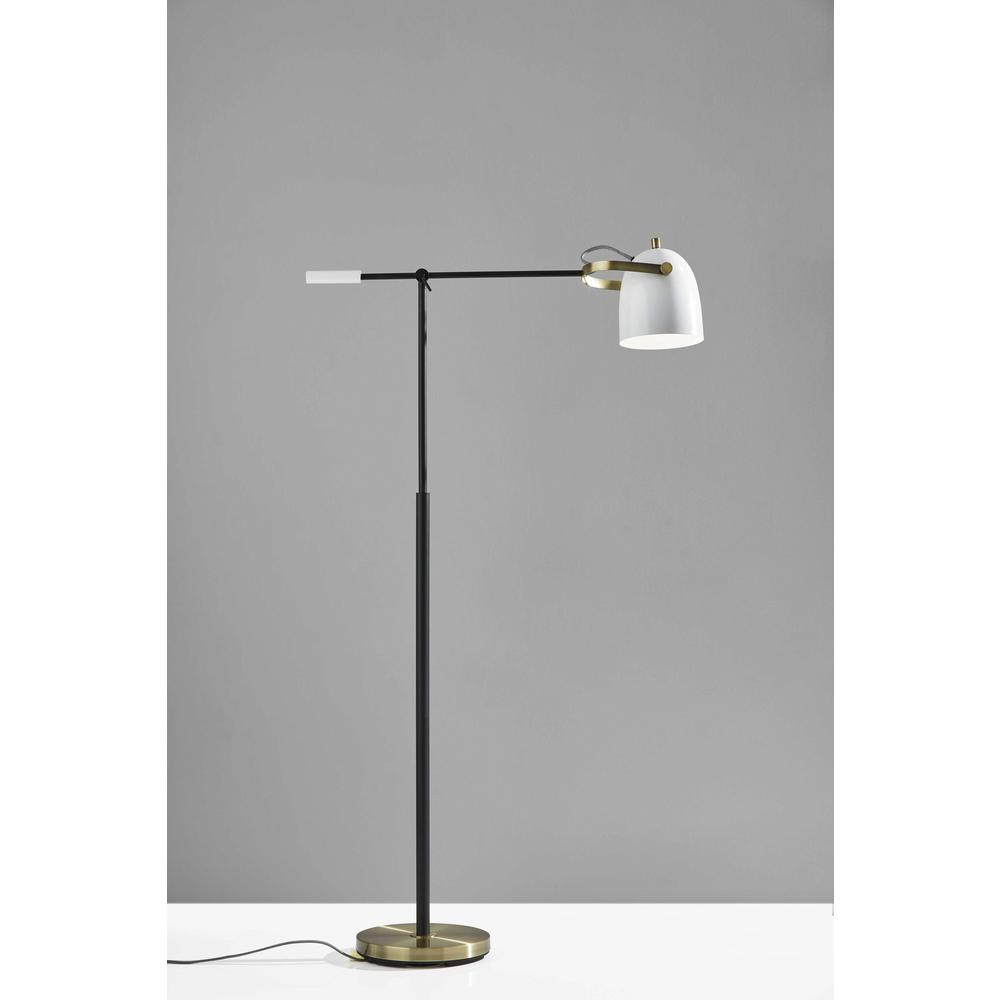 Matte Black and Antique Brass Metal Floor Lamp with Adjustable Arm and White Metal Shade. Picture 2