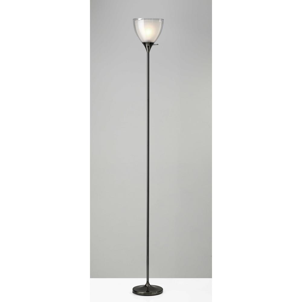Shiny Black Nickel Finish Metal Torchiere Floor Lamp with Frosted Inner Shade - 372606. Picture 1