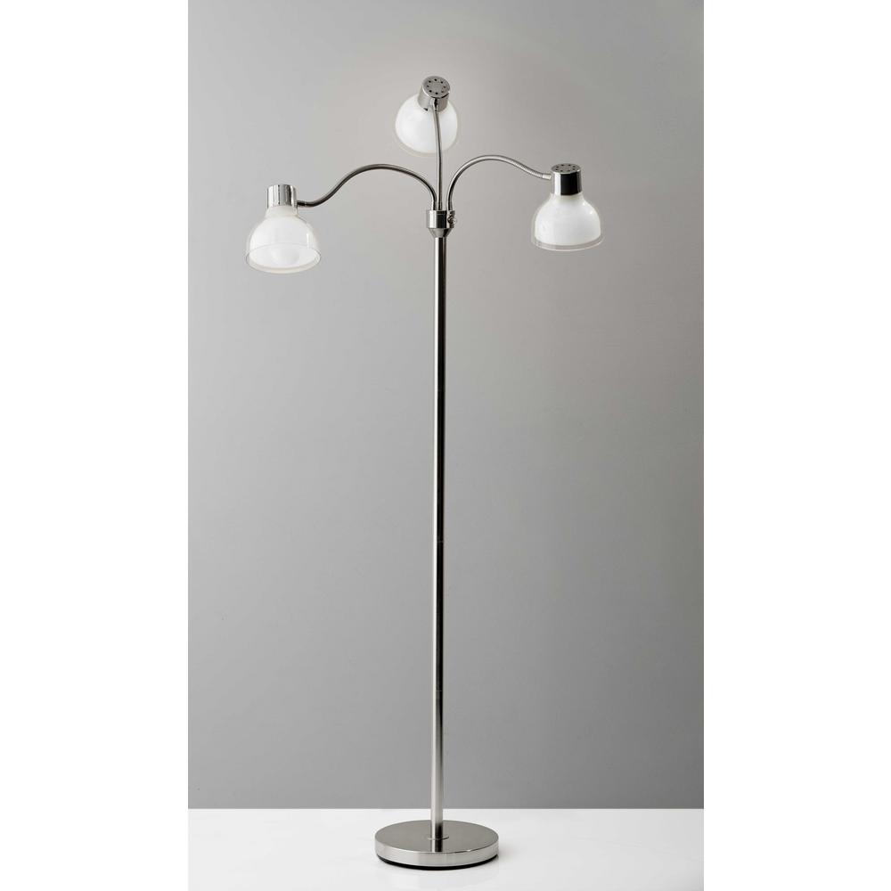 Adjustable Three Light Floor Lamp in Polished Nickel Finish With Frosted Inner Shades. Picture 1