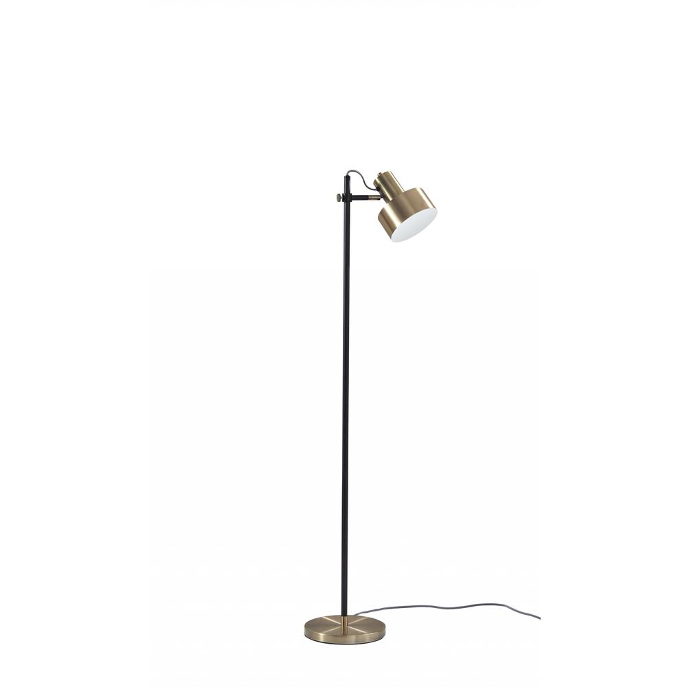 Retro Floor Lamp with Matte Black Pole and Adjustable Jumbo Antique Brass Metal Shade. Picture 1