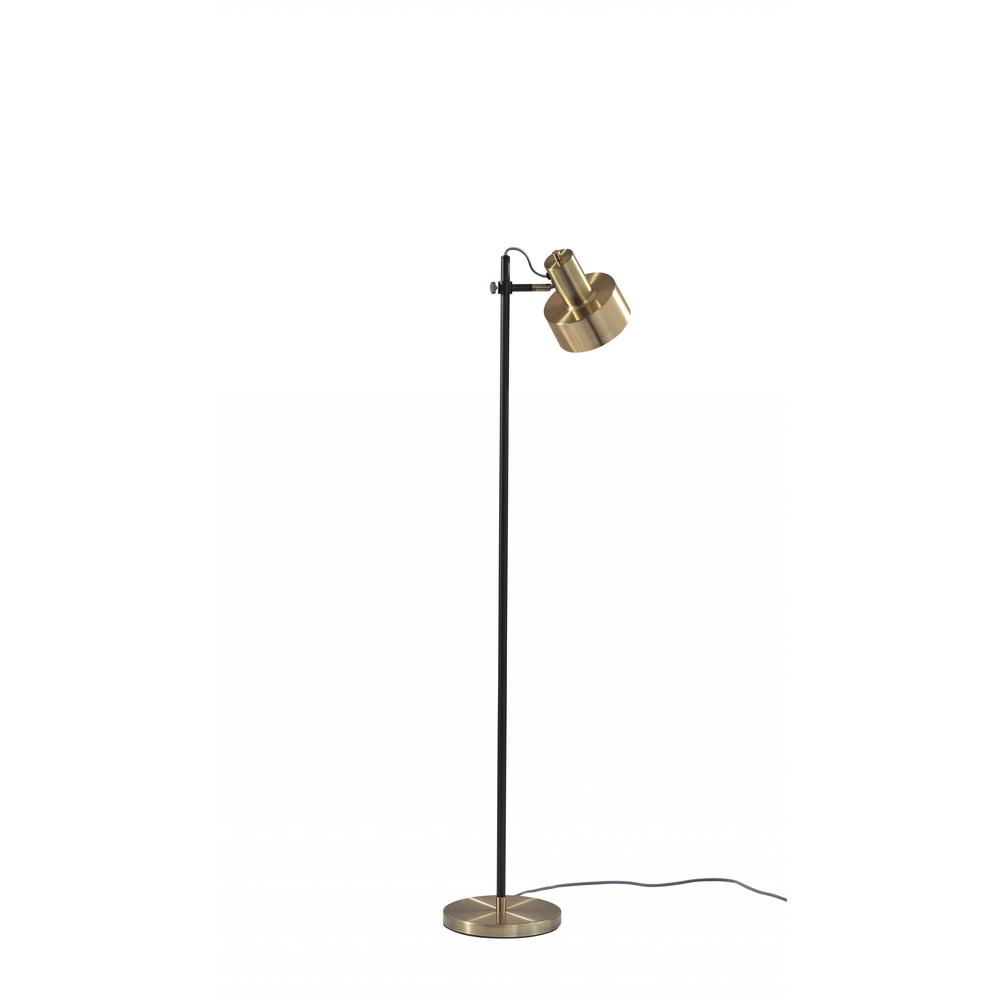 Retro Floor Lamp with Matte Black Pole and Adjustable Jumbo Antique Brass Metal Shade. Picture 2