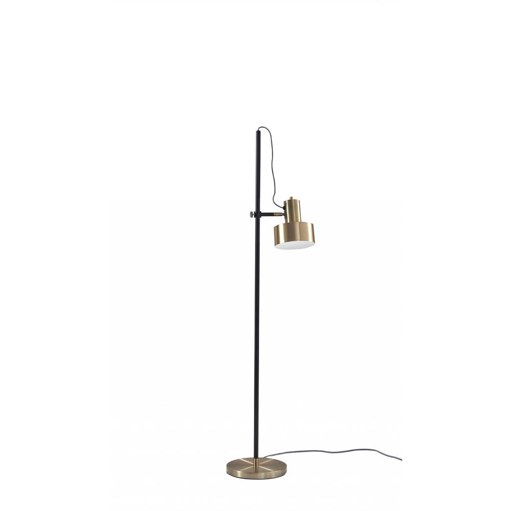 Retro Floor Lamp with Matte Black Pole and Adjustable Jumbo Antique Brass Metal Shade. Picture 3
