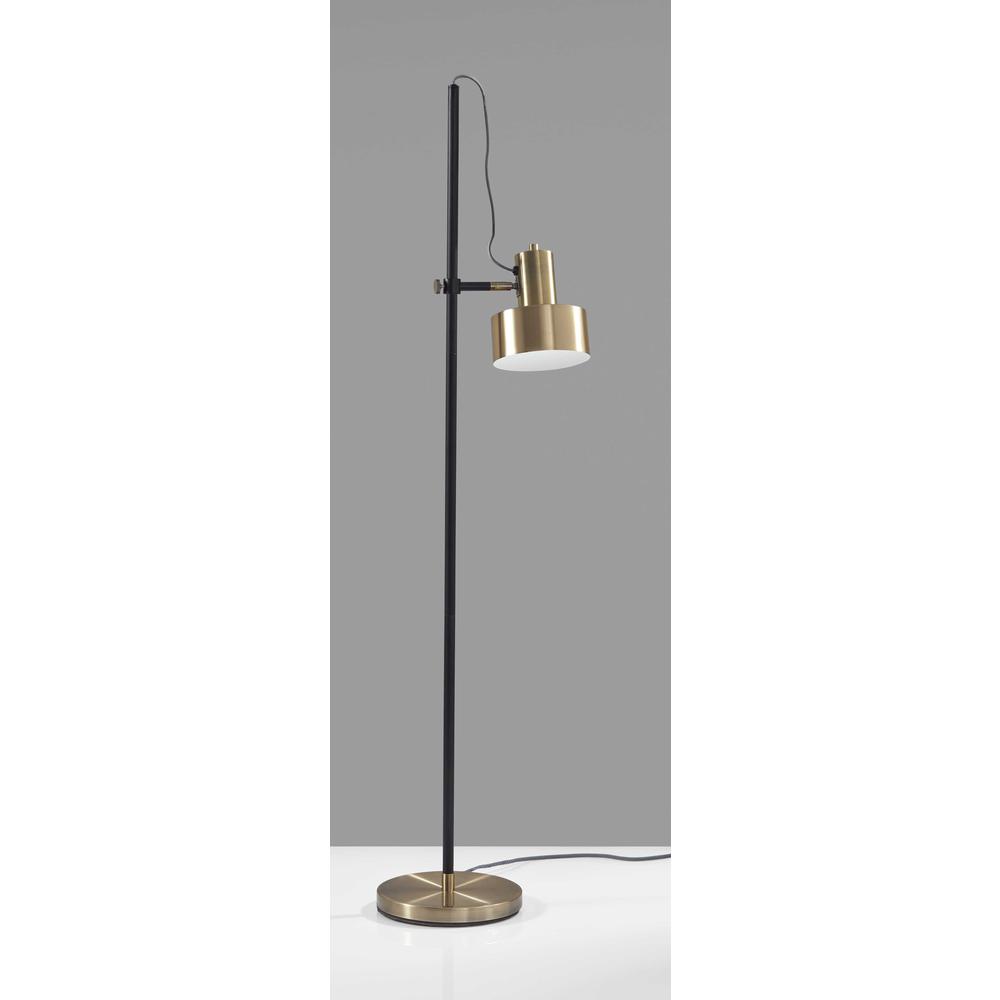 Retro Floor Lamp with Matte Black Pole and Adjustable Jumbo Antique Brass Metal Shade. Picture 4