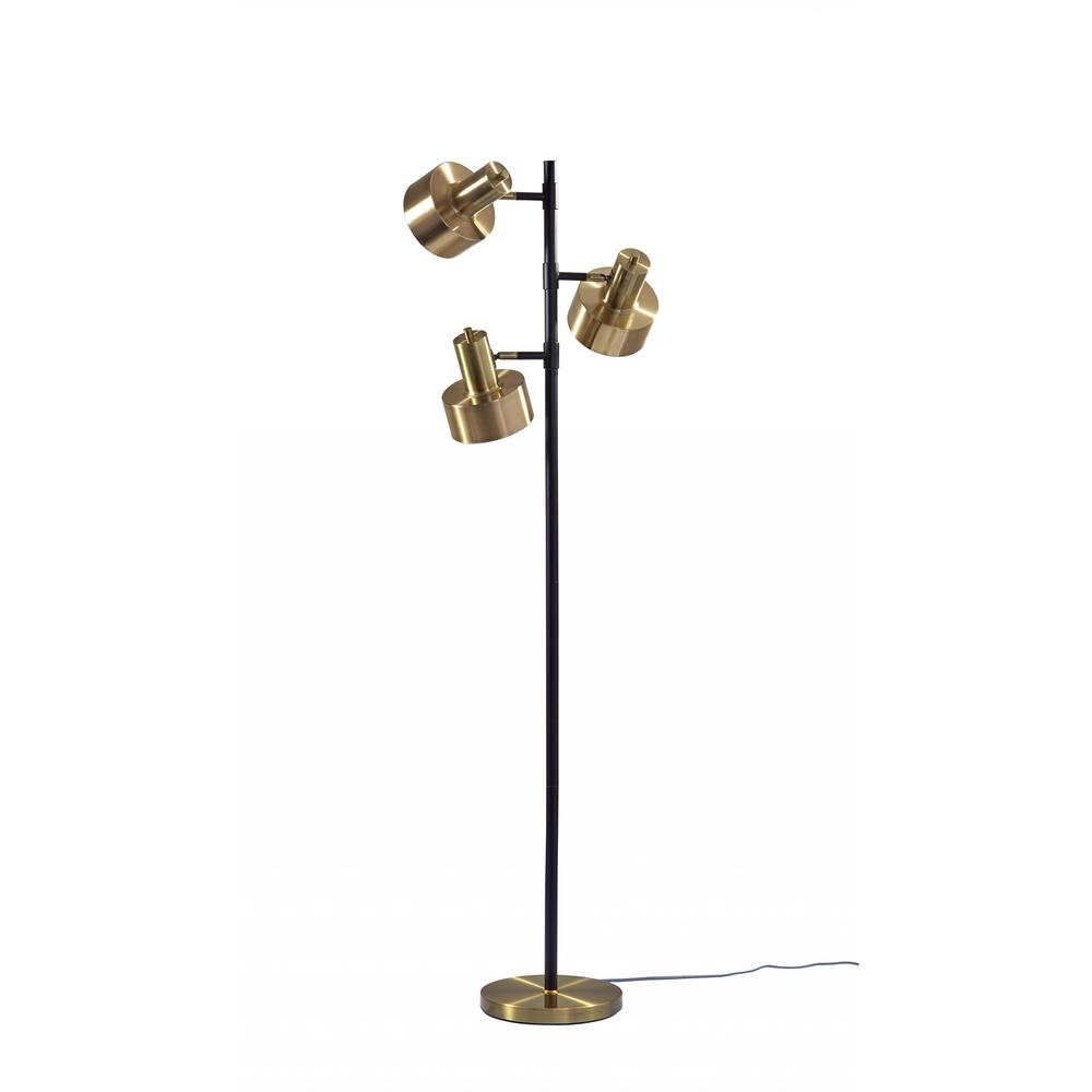 Three Light Floor Lamp with Matte Black Pole and Adjustable Antique Brass Metal Shades - 372615. Picture 1