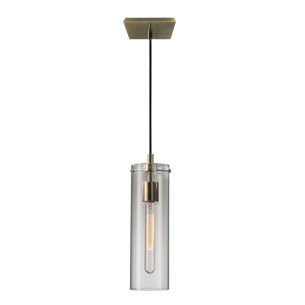 Clear Glass Cylinder Shade with Vintage Filament Bulb Antique Brass Metal Pendant - 372643. Picture 1