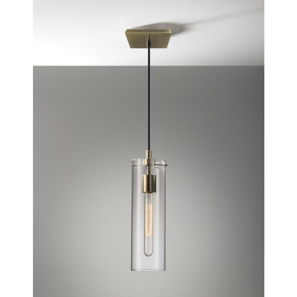 Clear Glass Cylinder Shade with Vintage Filament Bulb Antique Brass Metal Pendant - 372643. Picture 2