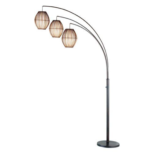 Three Light Arc Lamp in Bronze Metal with Brown Cane Barrel Shape Lanterns - 372651. Picture 1