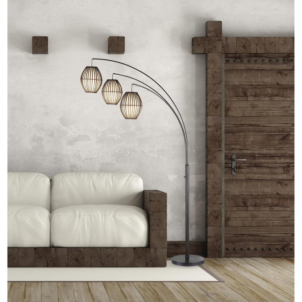 Three Light Arc Lamp in Bronze Metal with Brown Cane Barrel Shape Lanterns - 372651. Picture 4