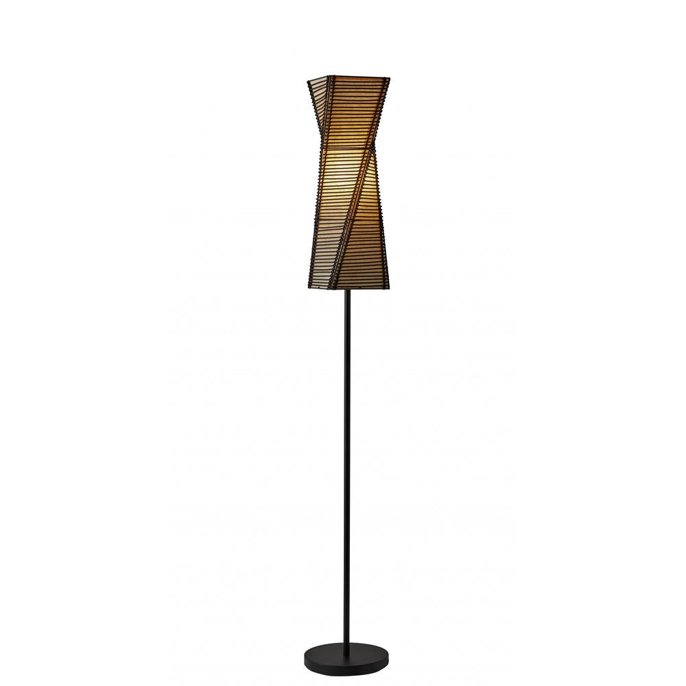 Tall Sculptural Twist Floor Lamp with Black Cane Stick And Natural Paper Shade. Picture 1