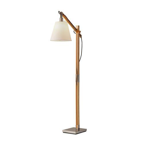 Natural Wood Floor Lamp with Adjustable Hinged Arm. Picture 1