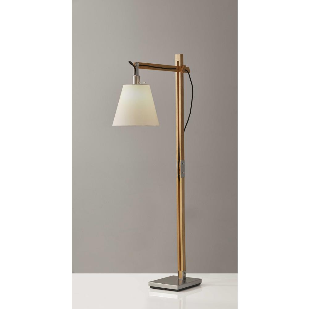 Natural Wood Floor Lamp with Adjustable Hinged Arm. Picture 2