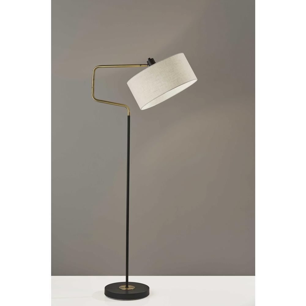 Black Metal Floor Lamp with Brass Adjustable Swing Arm and Drum Shade. Picture 1