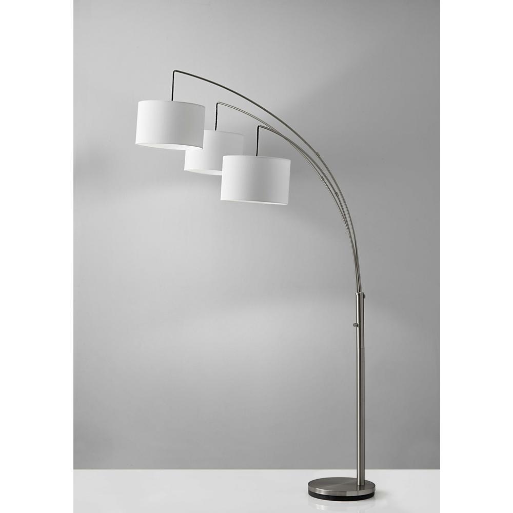 Three Light Brushed Steel Metal Arc Floor Lamp with Suspended White Drum Shades - 372706. Picture 1