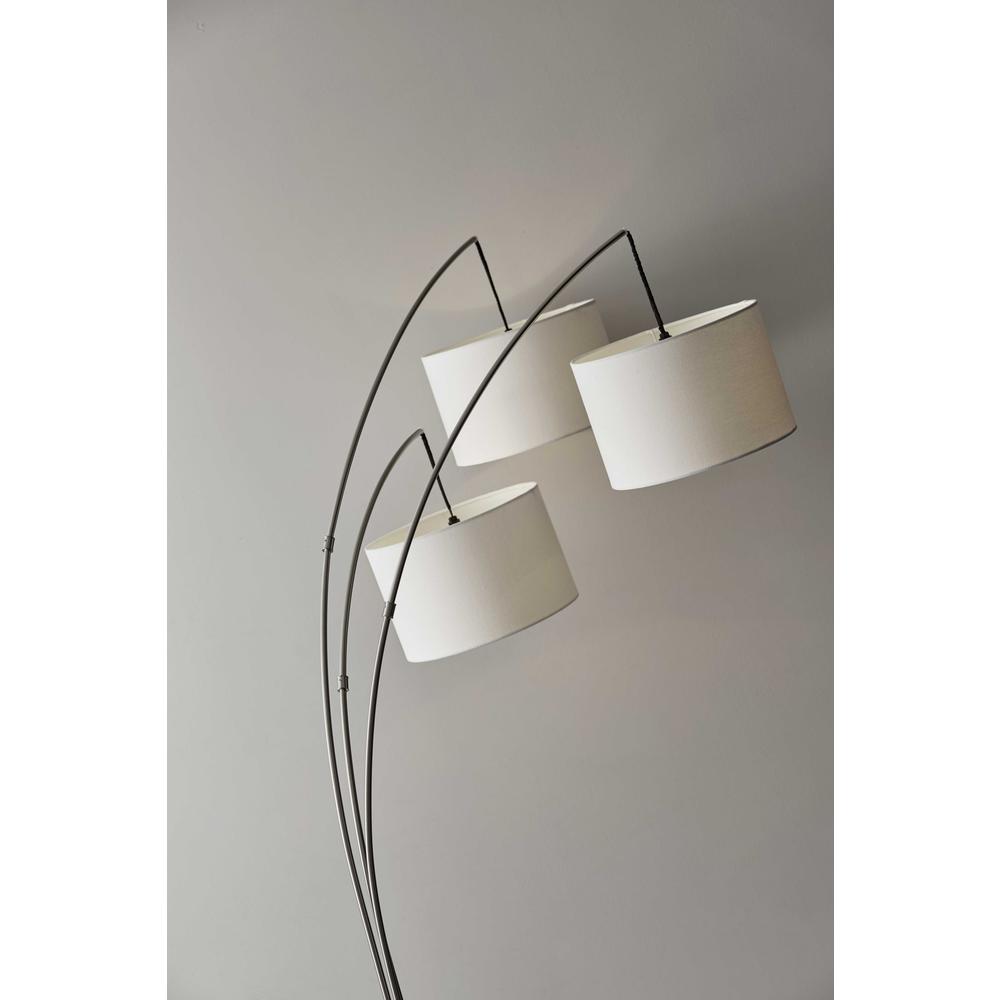 Three Light Brushed Steel Metal Arc Floor Lamp with Suspended White Drum Shades - 372706. Picture 2
