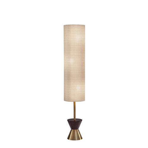 59" Brass and Wood Textured Cylinder Beige Floor Lamp. Picture 1