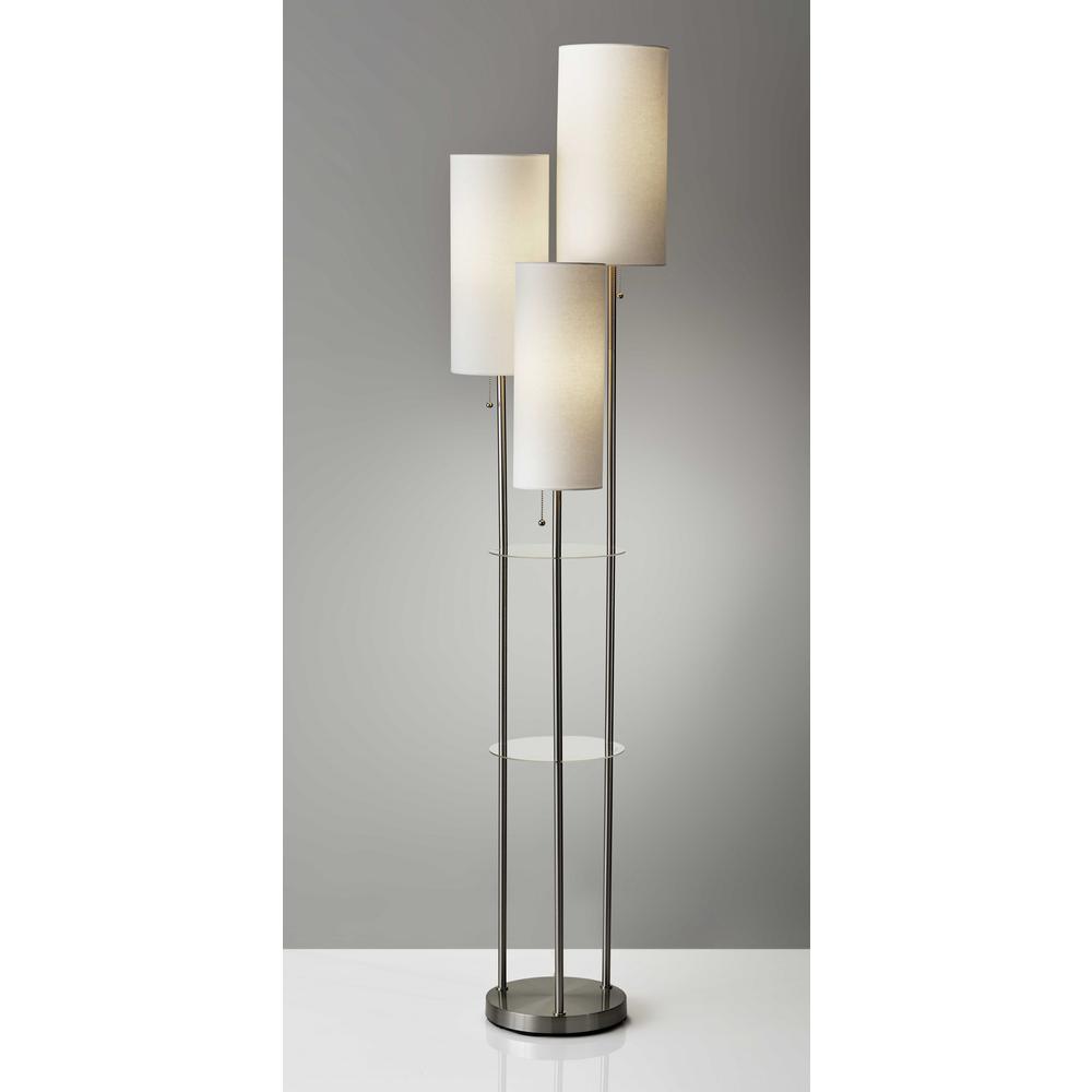 Three Light Floor Lamp in Brushed Steel with Two Clear Storage Shelves. Picture 1