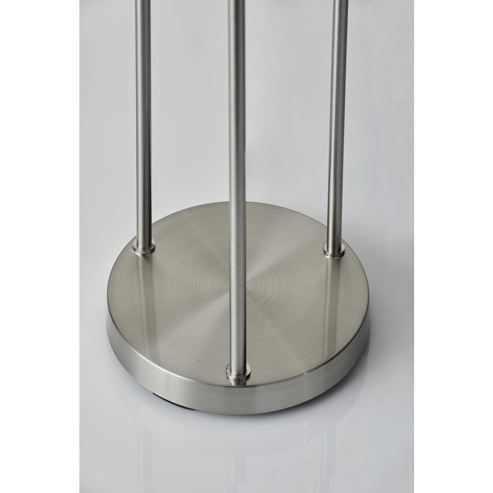 Three Light Floor Lamp in Brushed Steel with Two Clear Storage Shelves. Picture 4