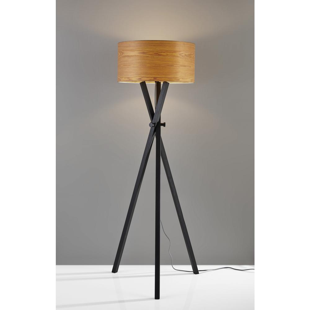 Architectonic Black Wood Tripod Floor Lamp with Rustic Wood Grain Shade. The main picture.