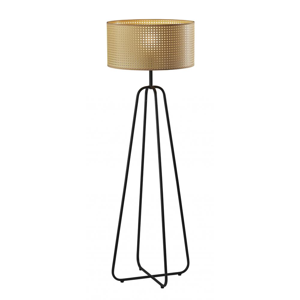 Open Cane Web Natural Shade Floor Lamp with Dark Bronze Base. Picture 1