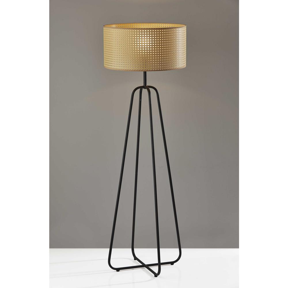 Open Cane Web Natural Shade Floor Lamp with Dark Bronze Base. Picture 2