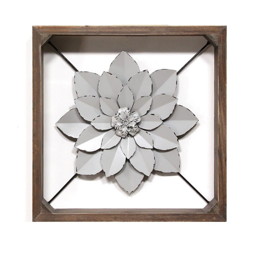 Grey Metal & Wood Framed Wall Flower - 373175. Picture 1