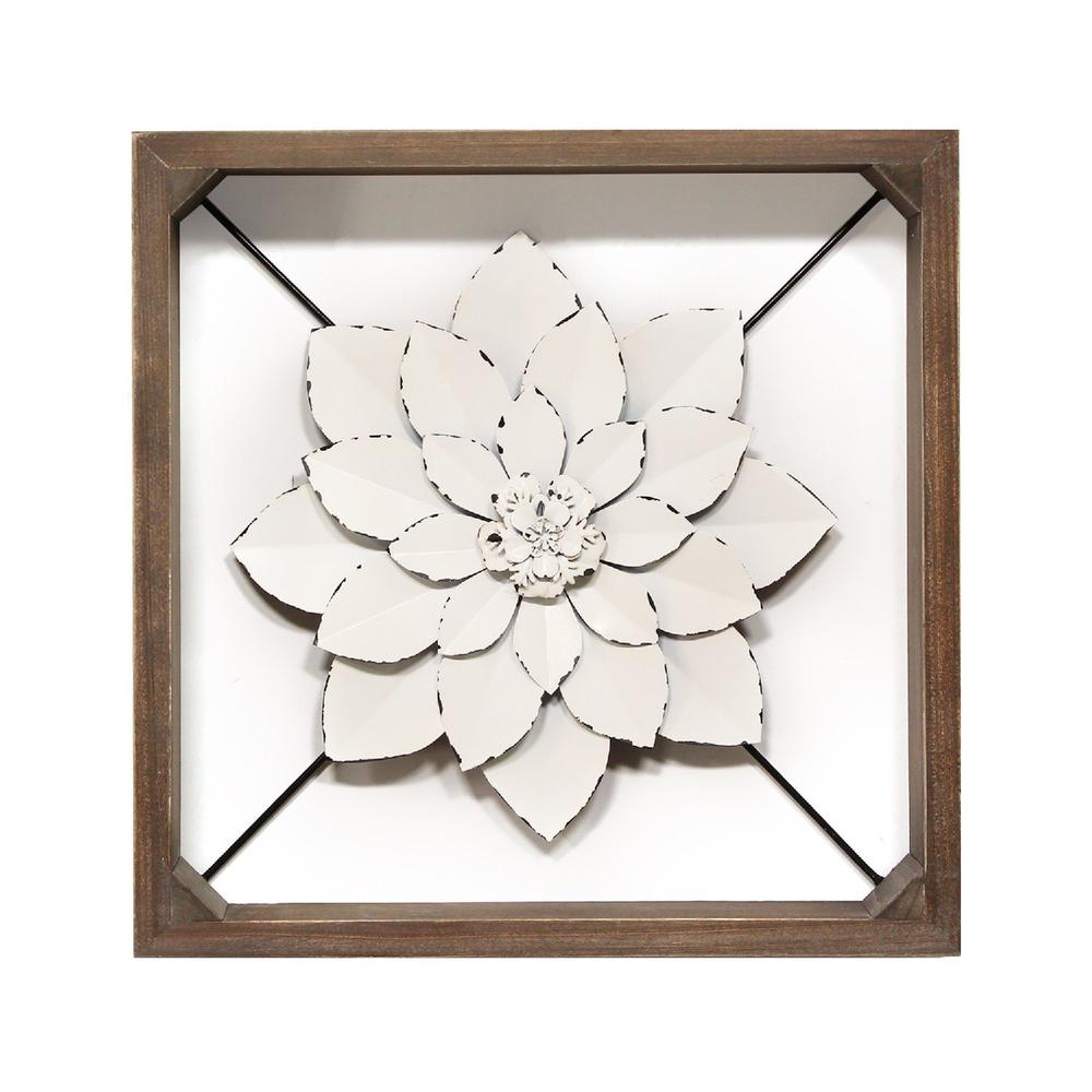 White Metal & Wood Framed Wall Flower - 373176. Picture 1
