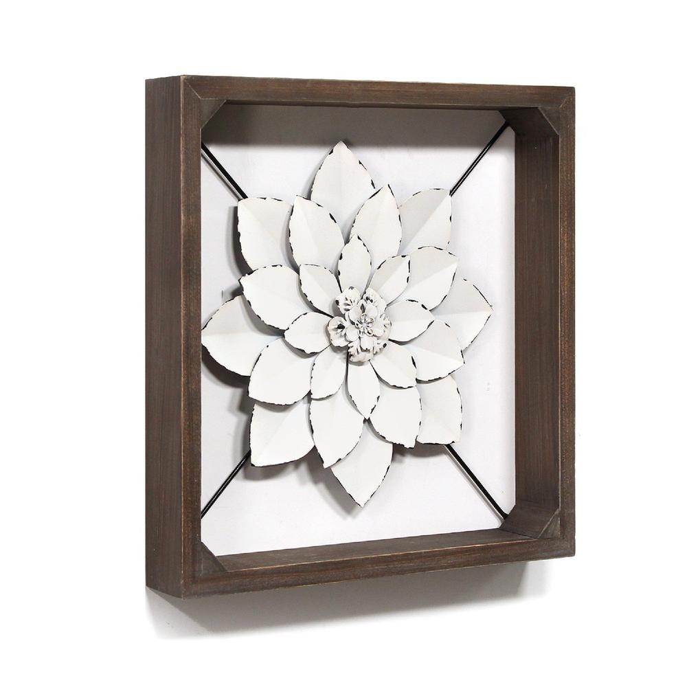 White Metal & Wood Framed Wall Flower - 373176. Picture 4