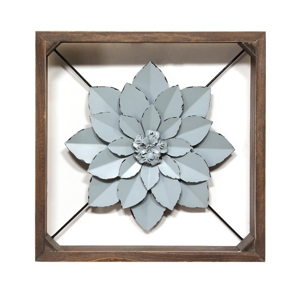 Pale Blue Metal Flower in Walnut Finish Frame - 373177. Picture 1
