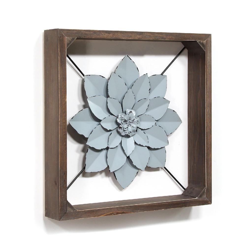 Pale Blue Metal Flower in Walnut Finish Frame - 373177. Picture 4