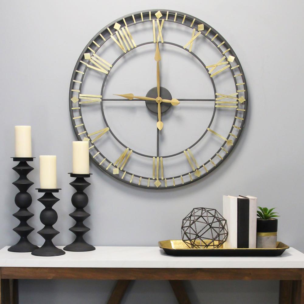 Oversized Vintage Style Metal Wall Clock  Black  Gold Numerals - 373202. Picture 2