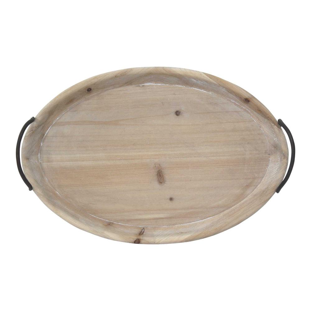 18" Oval Natural Ivory-Finished Wood with Curved Black Metal Handles - 373386. Picture 1