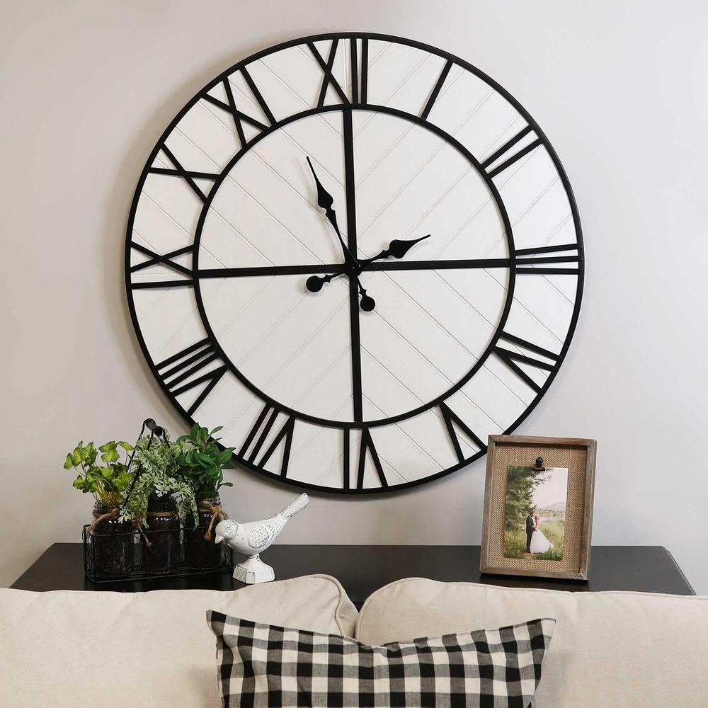 31.5" White Wood and Black Metal   Wall Clock - 373419. Picture 2