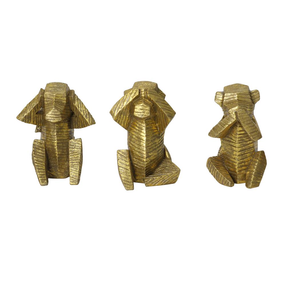 S/3 Gold Distressed Wise Monkey Sculptures - 373450. Picture 1