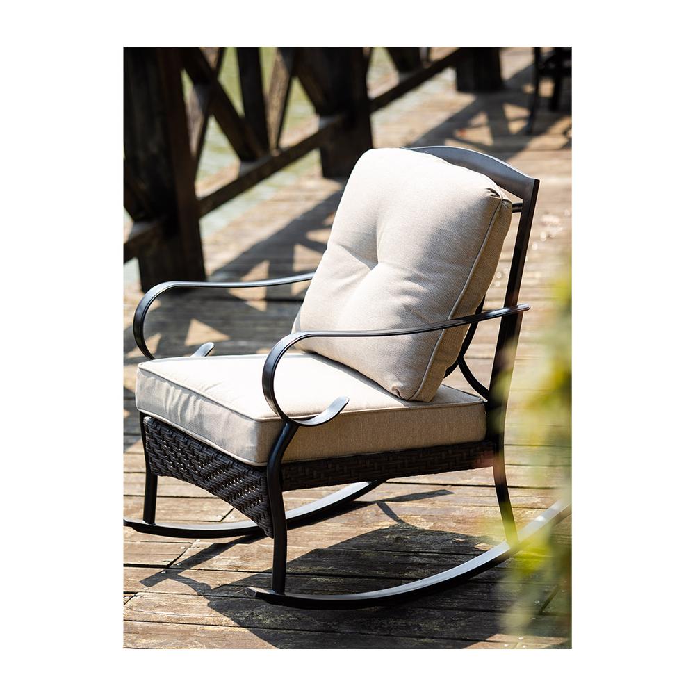 25" X 33" X 34" Black Steel Patio Rocking Chair with Beige Cushions - 374051. Picture 2