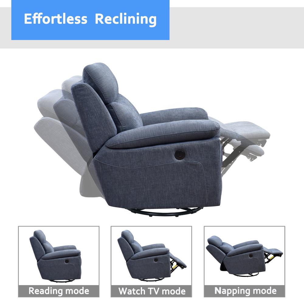 35.43" X 39.37" X 39.8" Blue Fabric Glider & Swivel Power Recliner with USB port - 374133. Picture 4