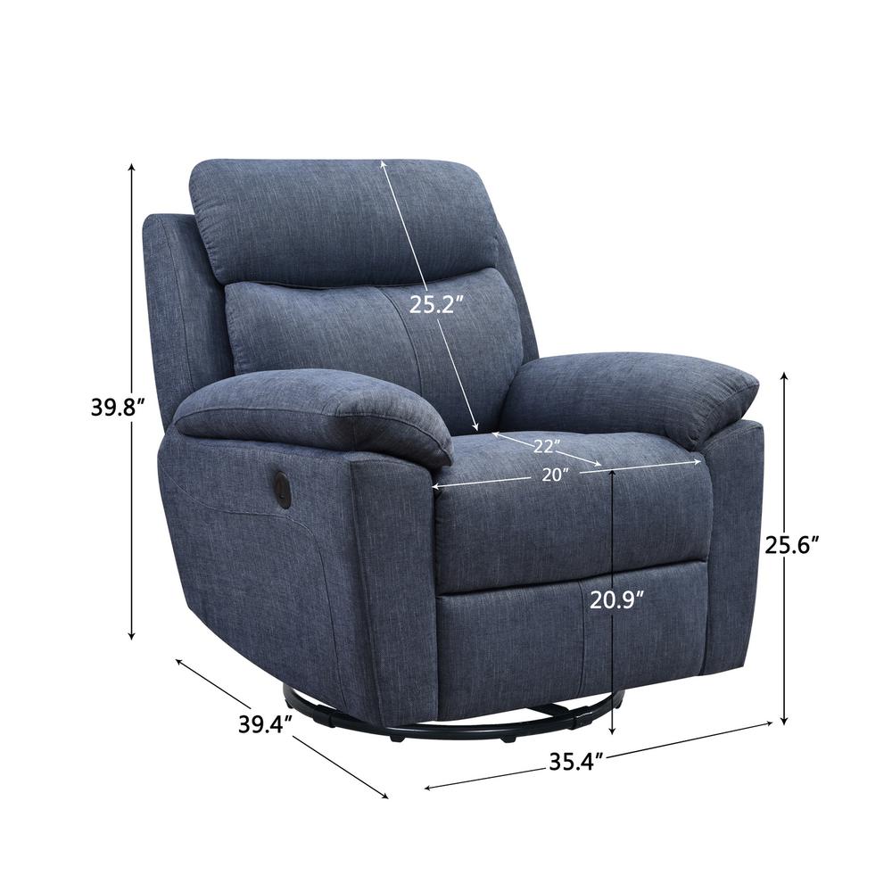 35.43" X 39.37" X 39.8" Blue Fabric Glider & Swivel Power Recliner with USB port - 374133. Picture 5